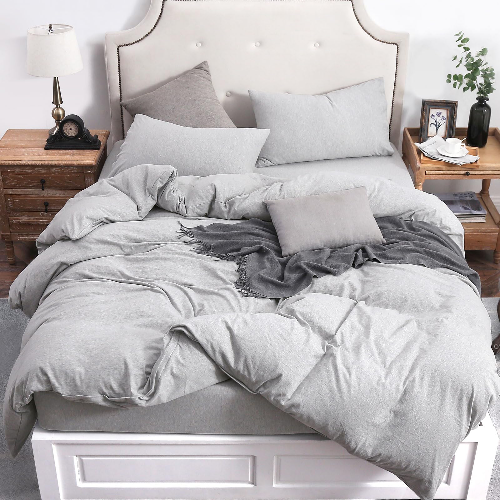 Pure Era Jersey Knit Duvet Cover Set 100% T-Shirt Cotton Super Soft Comfy 2Pc Bedding Set With Zipper Closure (Heather Grey, Twi